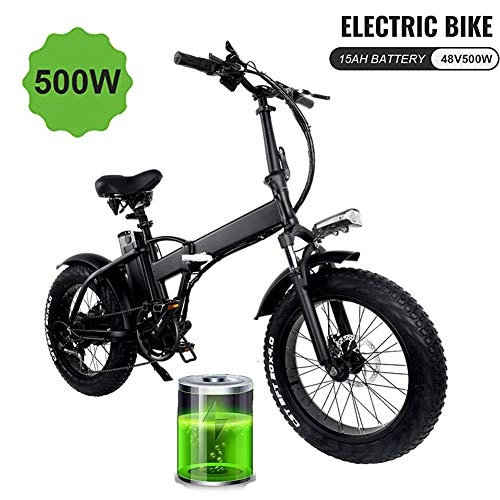 Bici elettriches : YRXWAN Pneumatico Grasso per Bici Pieghevole elettrica da 20 Pollici con Batteria agli ioni di Litio da 48 V 500 W 15 Ah, Booster per Mountain Bike da Città, Nero