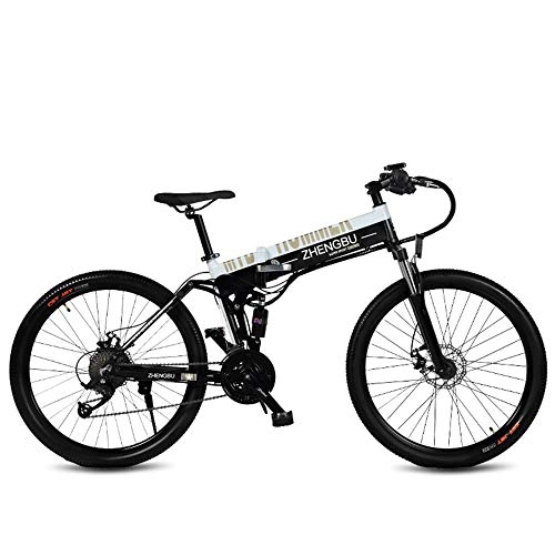 Bici elettriches : ZHENGBU 26"Ebike Pieghevole, 27 velocità Mountain Bike, 240W 48V 10Ah, Telaio e Cerchio in Lega di Alluminio, Sospensione Completa (Bianco, 10Ah)