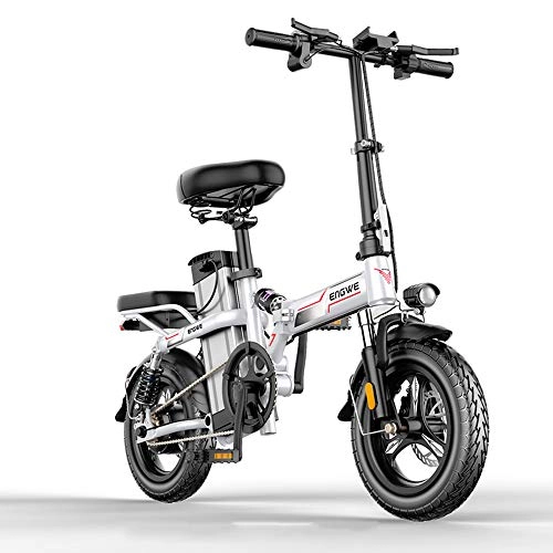 Bici elettriches : ZHXH Smart Pieghevole Bici elettrica 14inch Mini Bicicletta elettrica 48V25A / 32A LG Batteria al Litio Città 350W Potente Montagna, Bianca, 48V21A