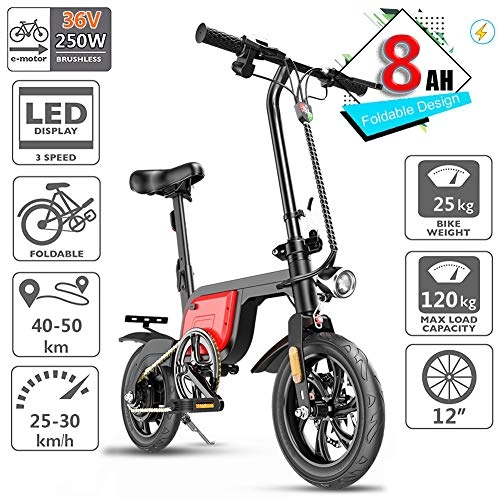 Bici elettriches : ZXC0226 Bicicletta elettrica Pieghevole, 40-50 km Gamma Leggera di Alluminio Adulti MTB di E-Bike con Impermeabile 36V 8A Batteria al Litio e caricabatteria, 3 velocità e Motore Brushless, Rosso