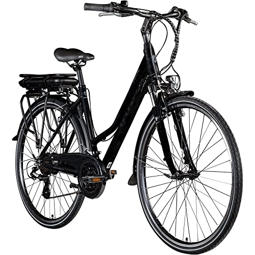 Bici elettriches : ZÜNDAPP Z802 E Bike - Bicicletta da trekking da donna, 155-185 cm, 21 velocità, fino a 115 km, 28 pollici, con illuminazione e display LED, 48 cm, colore: nero / grigio