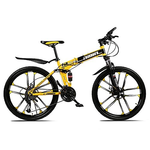 Bici pieghevoli : bici Pieghevole Freni a Doppio Disco，Mountain bike adulto con freno a doppio disco a 30 marce a sospensione completa, bici da fondo pieghevole in acciaio al carbonio-Ruota da 26 "10 raggi_giallo