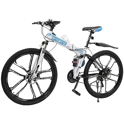 Bici pieghevoli : Bicicletta da corsa pieghevole da 26 pollici, 21 marce, per adulti, mountain bike con paraspruzzi, freni a disco anteriori e posteriori e forchetta bloccabile, regalo (bianco con blu)