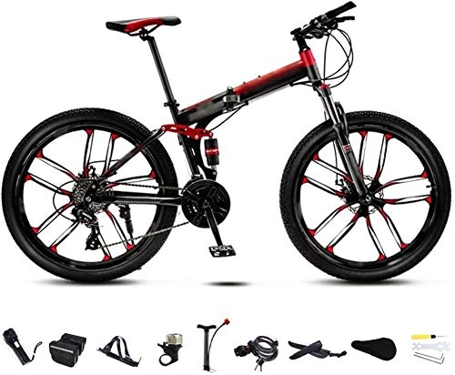 Bici pieghevoli : Bicicletta MTB da 26 pollici, unisex, pieghevole, 30 marce, mountain bike pieghevole, per off-road, velocità variabile, freno a doppio disco rosso, regolabile