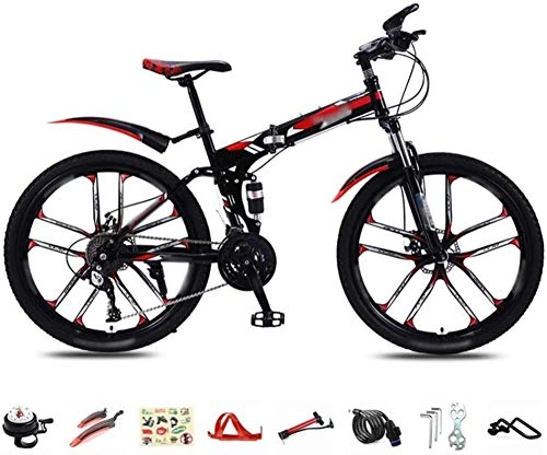 Bici pieghevoli : Bicicletta pieghevole da 26 pollici, 30 marce, mountain bike Lightweight Pendler Bike MTB Full Suspension con doppio freno a disco regolabile, colore: rosso