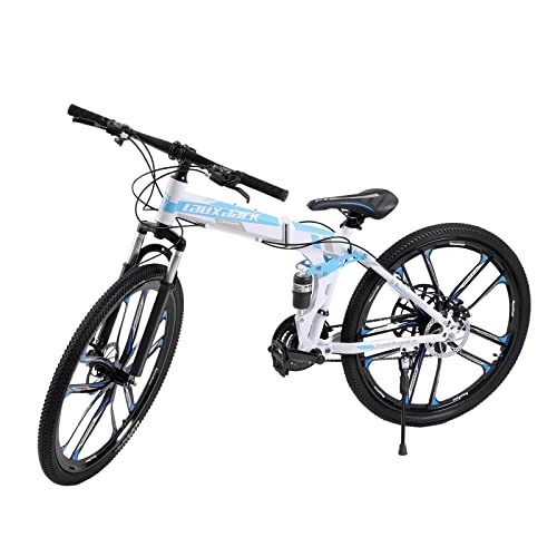 Bici pieghevoli : Bicicletta pieghevole da 26 pollici, colore bianco / blu, 21 marce, con doppio telaio ammortizzante, altezza della seduta regolabile, mountain bike, peso 130 kg, per campeggio, sport all'aria aperta