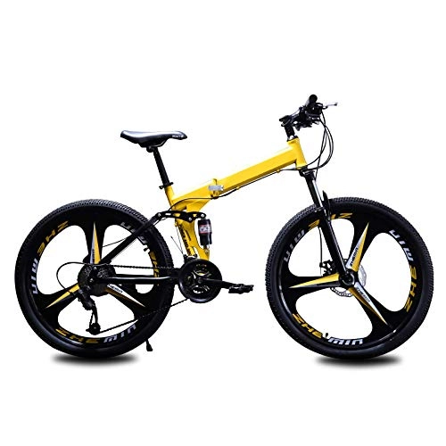 Bici pieghevoli : Bicicletta Pieghevole Portatile per Adulti, Bici da Montagna Ruote da 24 / 26 Pollici Bicicletta Leggera Bici con Telaio in Acciaio Sospensione Totale MTB All'aperto Sport Ciclismo, Giallo, 24in / 27speed