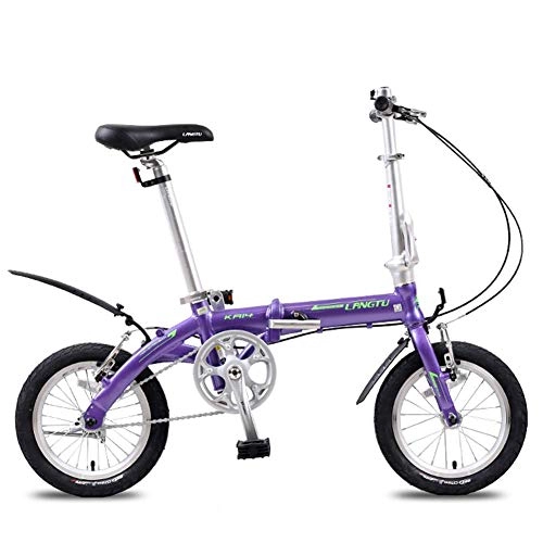 Bici pieghevoli : Biciclette Mini pieghevole, leggero portatile 14" in lega di alluminio urbano Commuter biciclette, Super Compact Single Speed ​​pieghevole biciclette yqaae (Color : Purple)