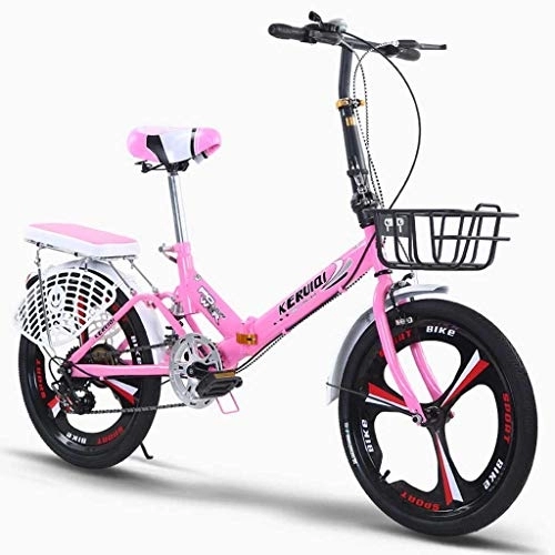 Bici pieghevoli : GUOE-YKGM Bici da Città Folding Bike for Adulti con Posteriore Carry Rack, Cesto di Bici E Moto Pompa, 6 velocità Alluminio Facile Pieghevole Città Biciclette da 20 Pollici Ruote Freno A Disco (Rosa)
