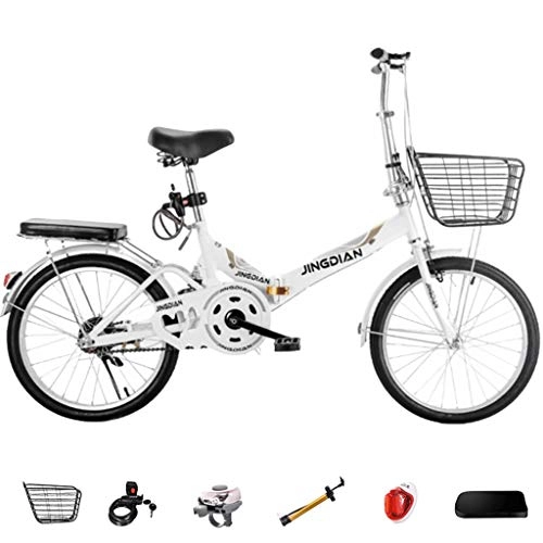 Bici pieghevoli : GWM Bicicletta Pieghevole Portatile Single Speed ​​Donna Città Commuter attività Esterna Bicicletta con Cestino, Bianco