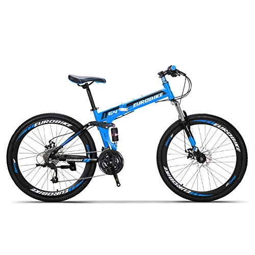 Bici pieghevoli : Hxx Mountain Bike Pieghevole, Freni A Disco Meccanici Anteriori E Posteriori da 26"Telaio in Acciaio Ad Alto Tenore di Carbonio Bicicletta 27 velocit Doppia Sospensione Ammortizzatore Studente, Blu