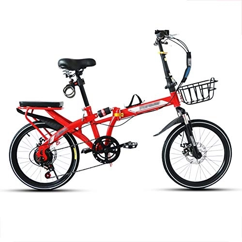 Bici pieghevoli : JHNEA 16 Pollici Bicicletta Pieghevole, 7 velocità Telaio in Acciaio al Carbonio Pieghevole Bici con Cremagliera Sella Comfort e Mudgard City Bike Pieghevole, Red-C