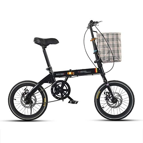 Bici pieghevoli : JHNEA 16 Pollici Bicicletta Pieghevole, Telaio in Acciaio al Carbonio Pieghevole Bici con Cestino e Sella Comfort City Bike Pieghevole, Black