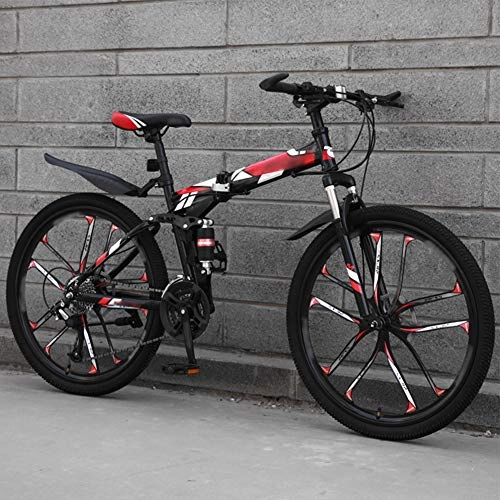 Bici pieghevoli : Luanda* Mountain Bike Pieghevole Bicicletta a a 27 Velocità Doppio Freno a Disco Sospensione Piena Bicicletta 26" Off-Road Velocità Variabile per Uomo E Donna, Rosso