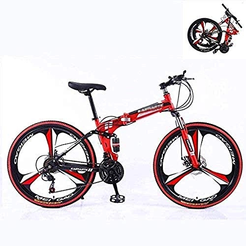 Bici pieghevoli : Mountain bike pieghevole a 24 velocità, per adulti, telaio in acciaio al carbonio, Full Suspension Mountain Bike, doppio disco freno, rosso e nero