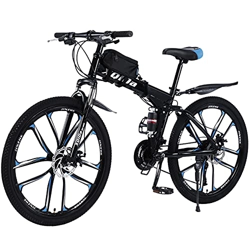 Bici pieghevoli : Mountain bike pieghevole da 26 pollici, con doppio assorbimento degli urti, telaio in fibra di carbonio con borsa per bicicletta, freni a disco, bici a sospensione completa perfetta (blu)