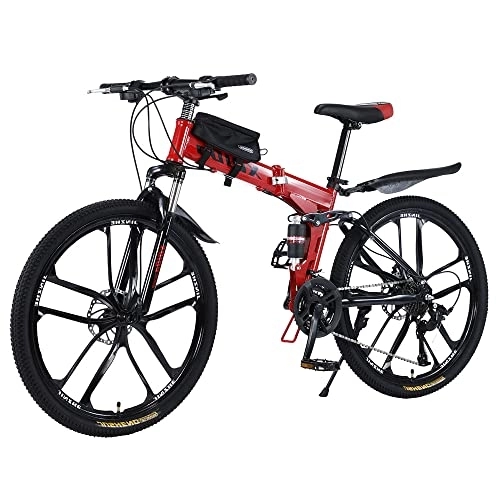 Bici pieghevoli : Mountain bike pieghevole da 26 pollici, con doppio assorbimento degli urti, telaio in fibra di carbonio con borsa per bicicletta, freni a disco, bici a sospensione completa perfetta (rosso)