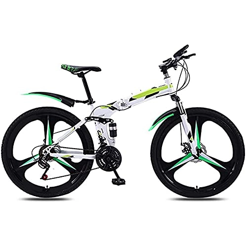 Bici pieghevoli : Mountain Boys Bike, 24 / 26 Pollici 21-Velocità Piena Sospensione MTB Bici, 3 Ruote A Raggio Pieghevole Mountain Bike, Telaio in Acciaio Al Carbonio, Doppio Disco Freno, Biciclette Sport, Verde, 26 inch