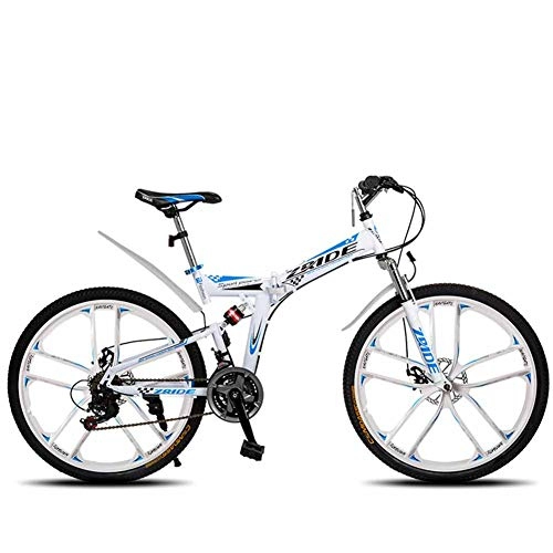 Bici pieghevoli : Mountain Folding Bicycle, 26"High Steel Frame Full Suspension Bicycle 27 Speed Doppi Freni A Disco per Uomo E Donna A velocit Variabile off Road, Whiteblue