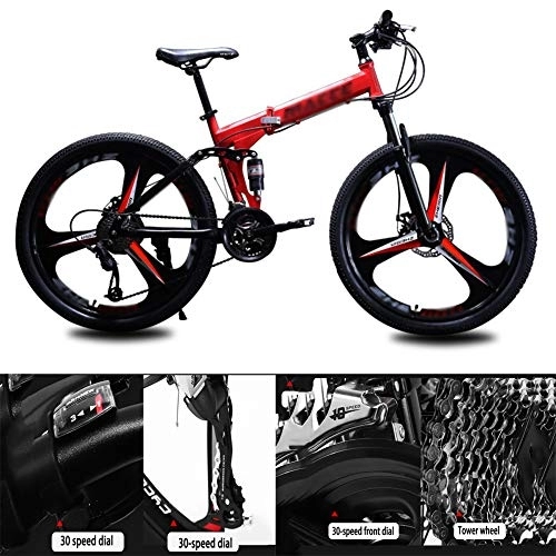 Bici pieghevoli : NXX Sport Bikes Mountain Bikea Pieghevole MTB Bicicletta 30 velocità Doppio Assorbimento degli Urti, Rosso, 27 Speed