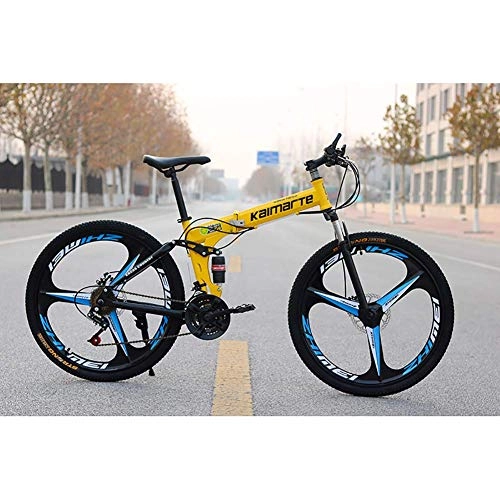 Bici pieghevoli : Qj Mountain Bike, 24" Pollici a 3 Razze Wheels-Alto tenore di Carbonio della Struttura d'Acciaio, Sospensione Doppia Pieghevole Bici con Freni a Disco, Giallo, 21Speed