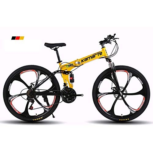 Bici pieghevoli : Qj Mountain Bike Pieghevole Telaio, 26inch 6 Razze Ruote MTB Bike, Sospensione Doppia Mens Bici con Freni a Disco, Giallo, 27Speed