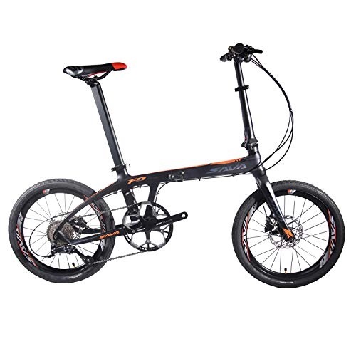 Bici pieghevoli : Sava 20" Bicicletta Pieghevole di Fibra di Carbonio Shimano 3000 Sistema di Trasmissione 9-velocità CSTE Pneumatici Facile da Trasportare (Nero Arancio)