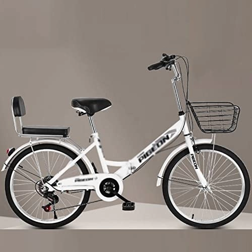 Bici pieghevoli : Solido Stile retrò Acciaio, Pieghevole Cambio a 7 Marce, City Bike, Vintage, Bici da Donna con cestello e Marsupio Posteriore, White-22inch