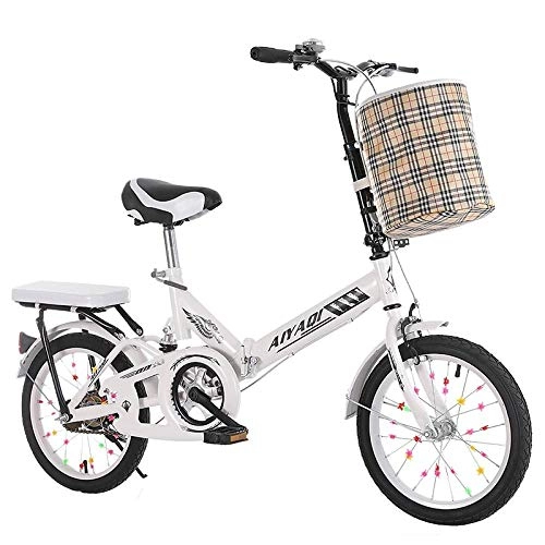 Bici pieghevoli : Unisex Adult Mini Bike Folding Shocking Child Bike Adjustable Handlebar And Seat Aluminum Frame Single Speed -20" Wheel-Bianco + Assorbimento degli Urti_16 Pollici