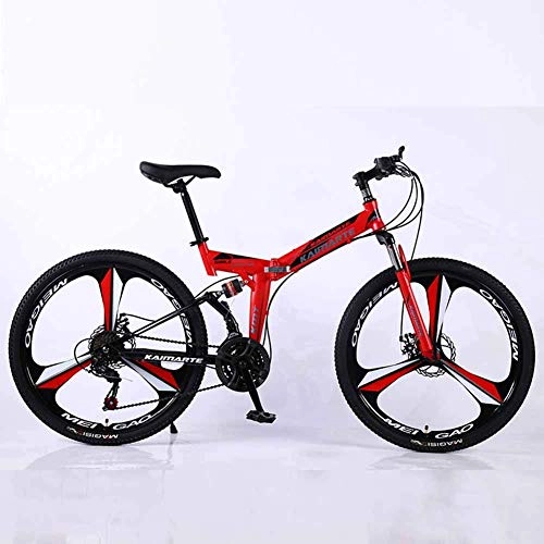 Bici pieghevoli : WEHOLY Mountain Bike da Bicicletta, Bici Pieghevole a Doppia Sospensione a 24 velocità, con Ruote a 3 Razze da 24 Pollici e Freno a Doppio Disco, per Uomo e Donna, Rosso, 27 velocità