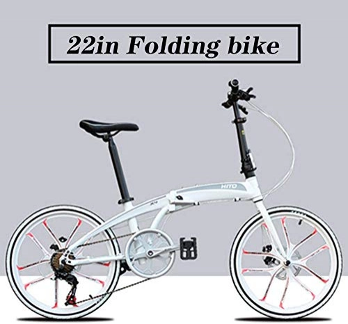 Bici pieghevoli : XRQ 22" Bicicletta Pieghevole in Lega Leggera di Alluminio Telaio Shimano a velocità variabile Folding Bike delle Donne degli Uomini Regolabili Biciclette City Bike, Bianca