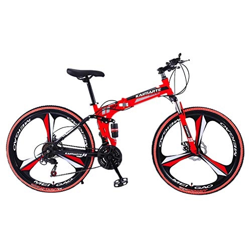 Bici pieghevoli : YARUMD FOOD 26 Pollici in Acciaio al Carbonio Bici Piegante della Montagna, 21 velocità della Bicicletta Completa Sospensioni Freni MTB Anteriore E Posteriore A Disco Esterno della Bici, Rosso