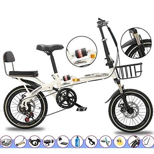 Bici pieghevoli : YSHCA16 Pollici Bicicletta Pieghevole, 7 velocità Telaio in Acciaio al Carbonio Pieghevole Bici con Cremagliera Sella Comfort e Mudgard, White-A