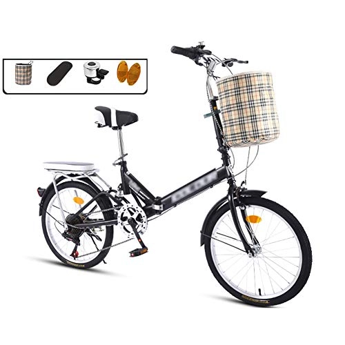 Bici pieghevoli : YSHCA20 Pollici Bicicletta Pieghevole, 7 velocità Telaio in Acciaio al Carbonio Pieghevole Bici con Sella Comfort Cestino e Cremagliera, Black-A