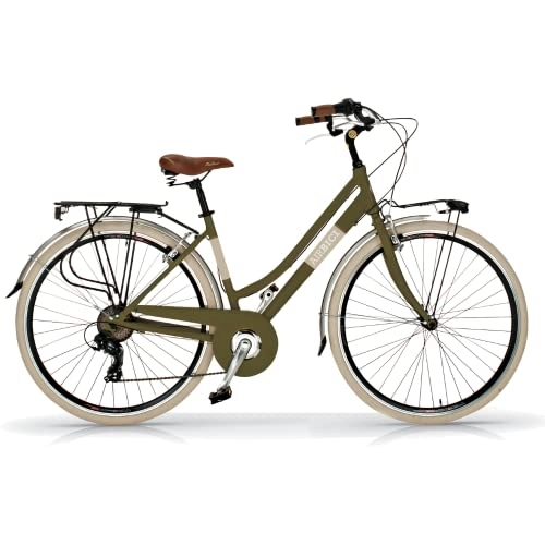 Biciclette da città : Airbici 605AL Bicicletta da Passeggio Donna 26" Verde Oliva | Bici da Donna Vintage Retro con 6 Velocità, Telaio in Alluminio, Parafanghi, Luci LED e Portapacchi | Bici da Città per Donna