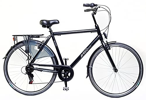 Biciclette da città : Amigo Moves - Bici da città per uomo 28 pollici - Adatto da 170-175 cm - Cambio Shimano a 6 velocità - Citybike con freno a mano, Campanello, Cavalletti e Luci - Nero