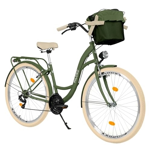 Biciclette da città : Balticuz OU Bicicletta comfort con cestino, bicicletta olandese, bicicletta da donna, City bike, retrò, da donna, 28 pollici, verde crema, 21 marce