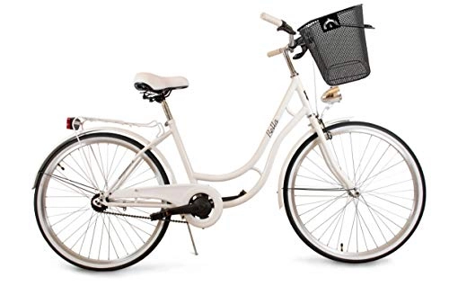 Biciclette da città : BDW Bella Comfort - Bicicletta olandese da donna, con portapacchi posteriore, 1 velocità, 26 pollici, clic, colore: Bianco
