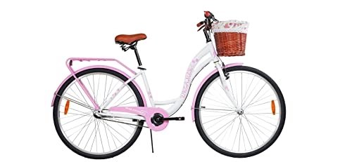 Biciclette da città : BDW Bicicletta da donna da 28 pollici, da città, da donna, da città, da città, da donna, da città, da trekking, a 1 marcia, cestino KOSTELNOS (rosa)