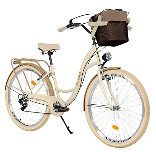 Biciclette da città : Bici da donna con cestino, bicicletta olandese, 28 pollici, color crema / marrone, cambio Shimano a 7 marce