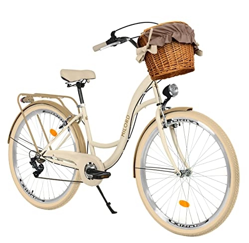 Biciclette da città : Bici da donna con cestino in vimini, 26 pollici, color crema / marrone, cambio Shimano a 7 marce