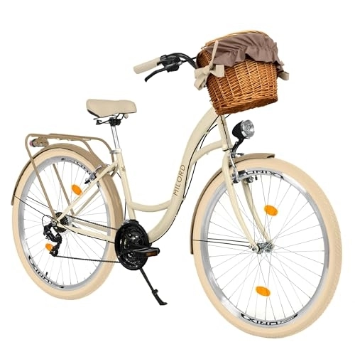 Biciclette da città : Bicicletta da città con cestino di vimini, bicicletta olandese, 28 pollici, crema-marrone, Shimano a 21 marce
