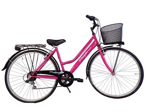 Biciclette da città : bicicletta da donna bici da passeggio city bike 28'' trekking cambio 6 velocita' con cesto anteriore. (fuxia)