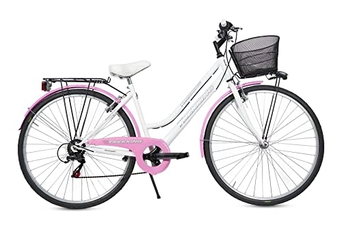 Biciclette da città : Bicicletta Donna da Passeggio Olanda Misura 28 Bici da città Vintage retrò con Cestino Bianco Rosa Con Cambio