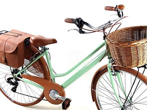Biciclette da città : Bicicletta Donna retrò Vintage City Bike Ruote 28″ con Cambio Shimano 6 velocità + Cesto Vimini e Borsa Posteriore Doppia / Verde Pistacchio