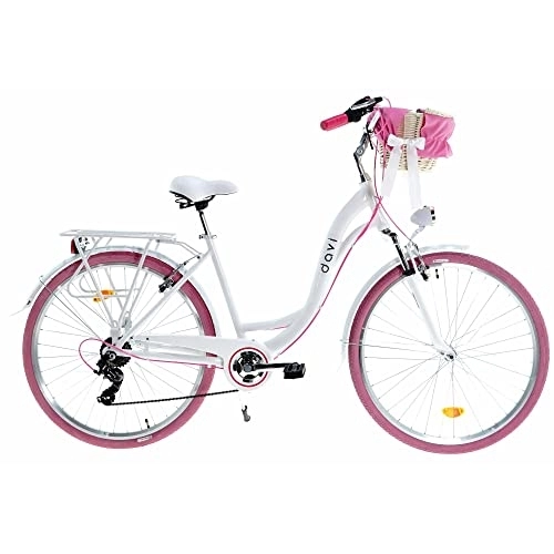 Biciclette da città : Davi Emma Premium Bici da Donna, 160-185 cm altezza, Bicicletta Bici Citybike Donna Vintage Retro, Luce Bici, 7 marce, City Bike da Donna, Bici da Donna, Bici da Città (Bianco / Rosa)