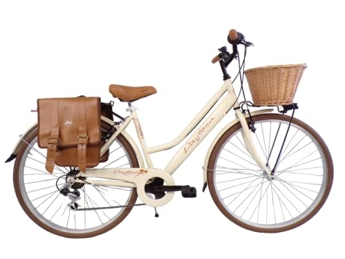 Biciclette da città : Daytona Bicicletta da donna bici da città city bike da passeggio 28'' con cambio vintage retro' beige cesto vimini borse laterali (beige), 46 cm