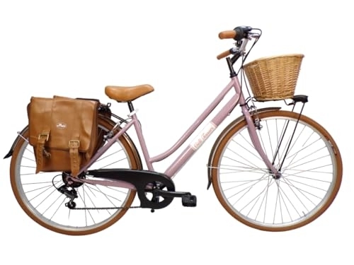 Biciclette da città : Daytona Bicicletta da donna bici da città city bike da passeggio 28'' con cambio vintage retro' beige cesto vimini borse laterali (rosa), 46 cm