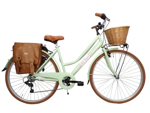 Biciclette da città : Daytona Bicicletta da donna bici da città city bike da passeggio 28'' con cambio vintage retro' cesto vimini borse laterali (verde), 46 cm