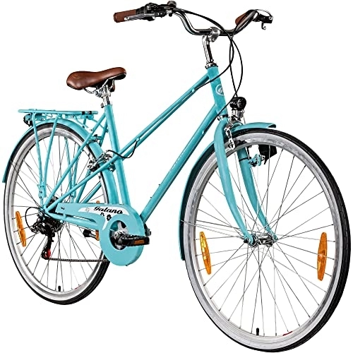 Biciclette da città : Galano Florenz Bicicletta da donna retrò 28 pollici per donna a partire da 155 cm Vintage Comfort Bicicletta olandese con luce a 6 marce, cambio città, bici da trekking 700 C (48 cm, celeste)